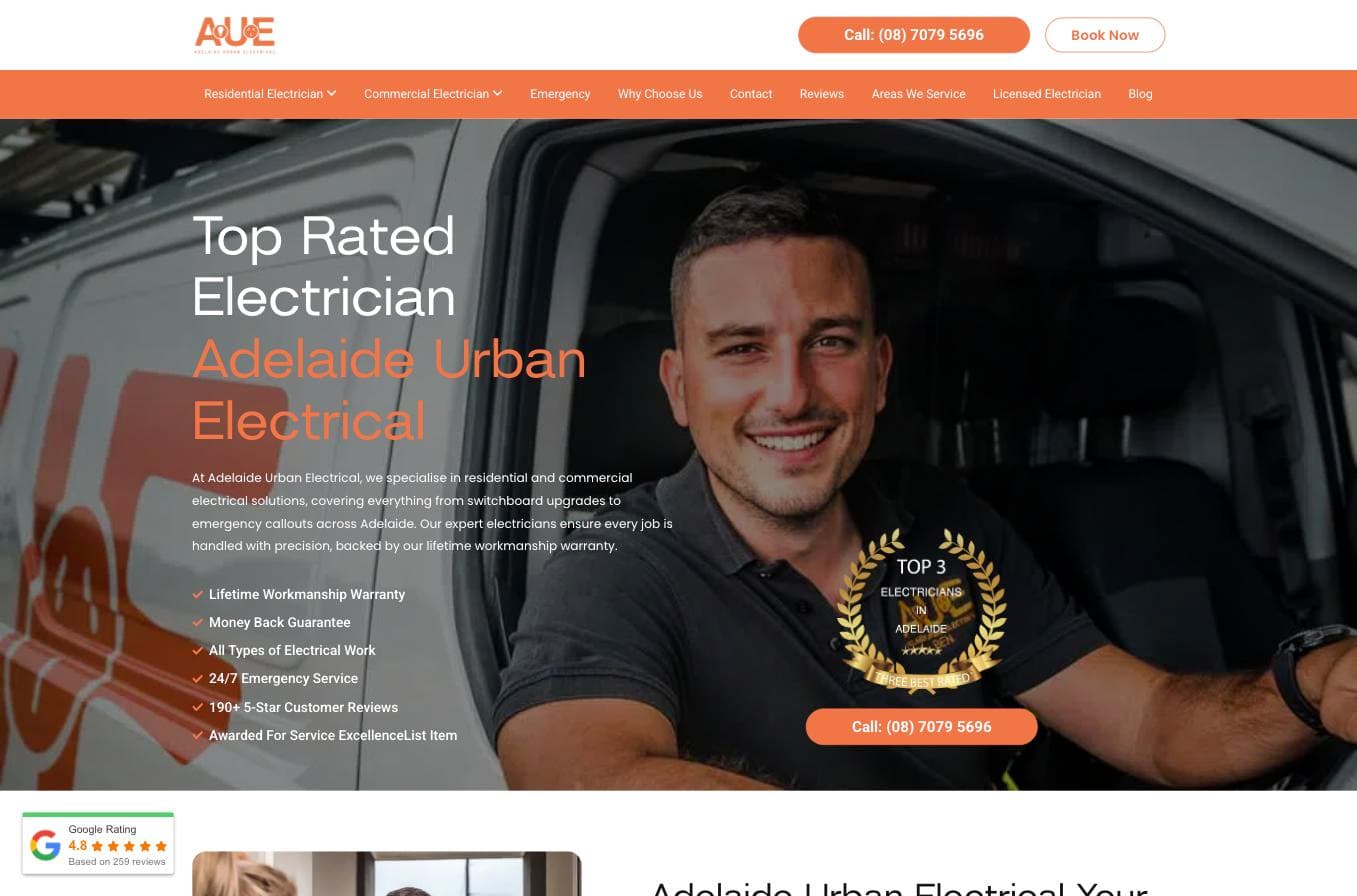 Adelaide Urban Electrical homepage — a smiling electrician in a work van, with a "Top 3 Electricians in Adelaide" award badge and a Google Rating widget showing 4.8 stars from 259 reviews