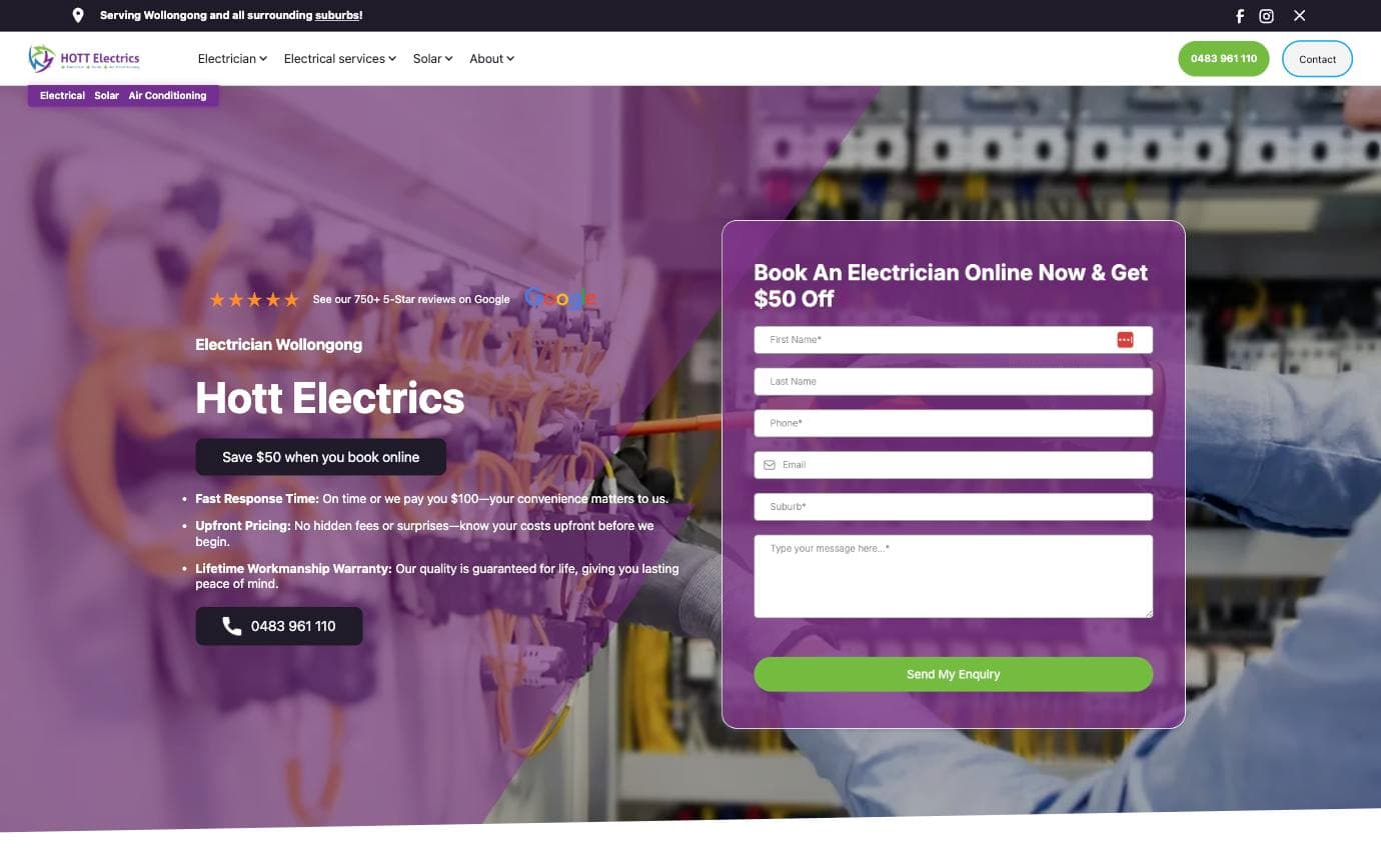 Hott Electrics homepage — a real Google review badge showing 750+ five-star reviews, next to a $50-off booking offer and fast-response guarantees