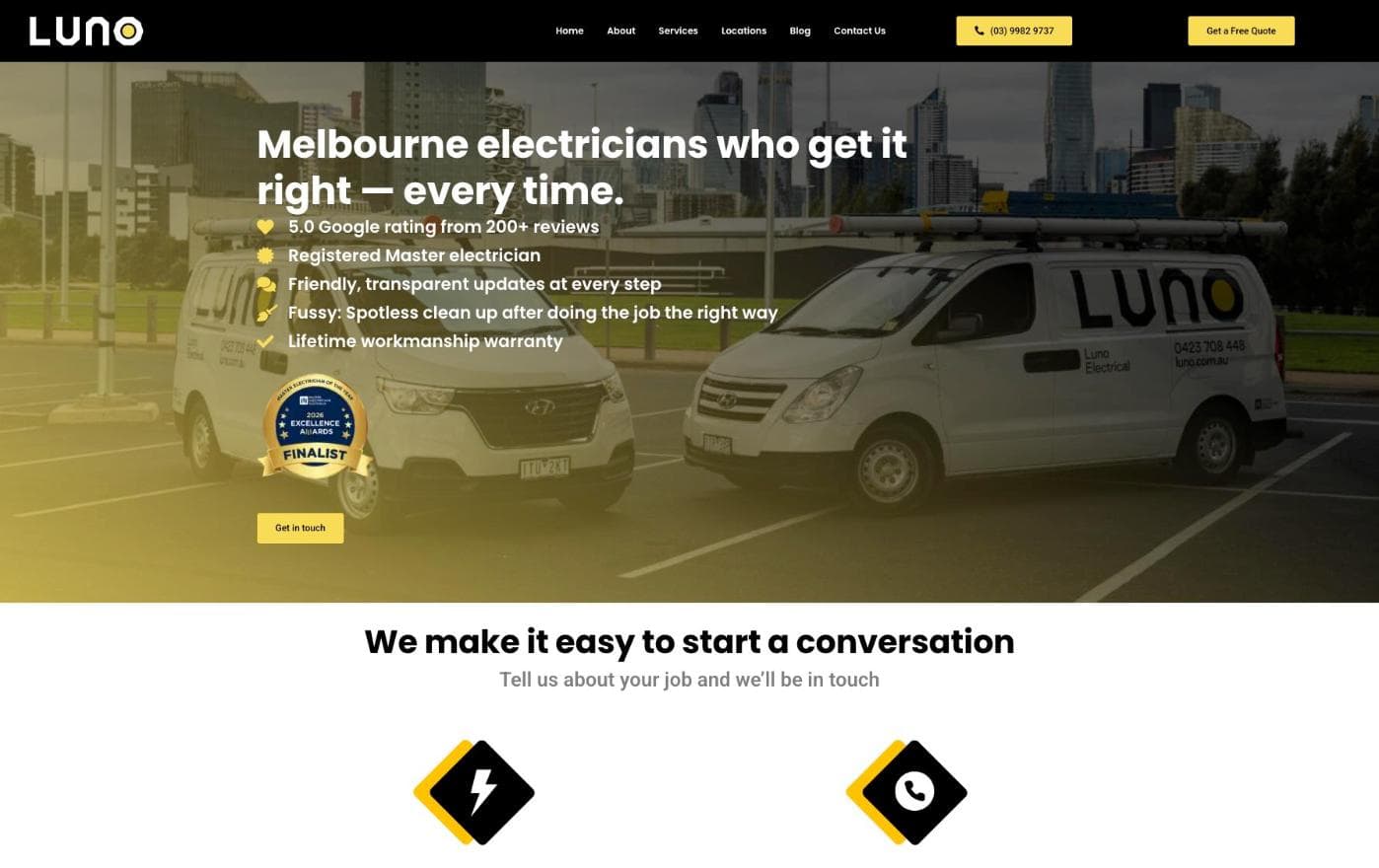 Luno Electrical homepage — a real branded van in front of the Melbourne skyline, with "5.0 Google rating from 200+ reviews" as the first line under the headline