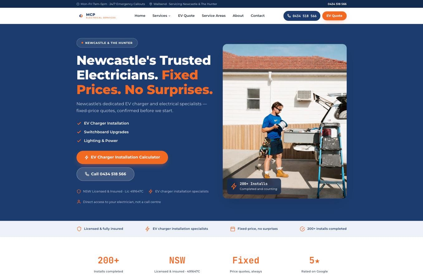 MCP Electrical Services homepage — a technician installing an EV charger outside a house, with a stat row showing "5★ Rated on Google" at the bottom of the hero