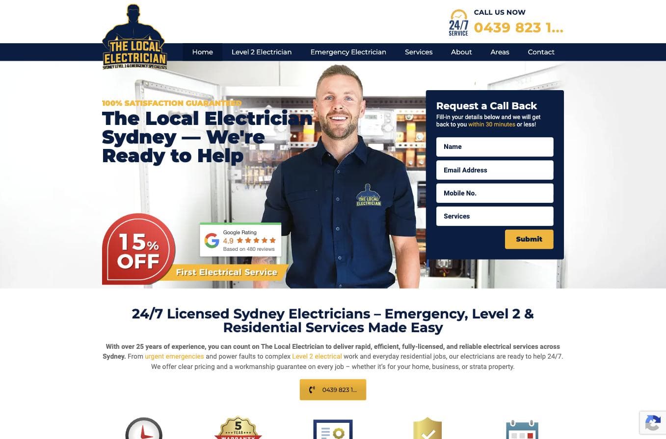 The Local Electrician homepage — a real technician photo next to a Google Rating widget showing 4.9 stars from 480 reviews and a 15% off first service offer