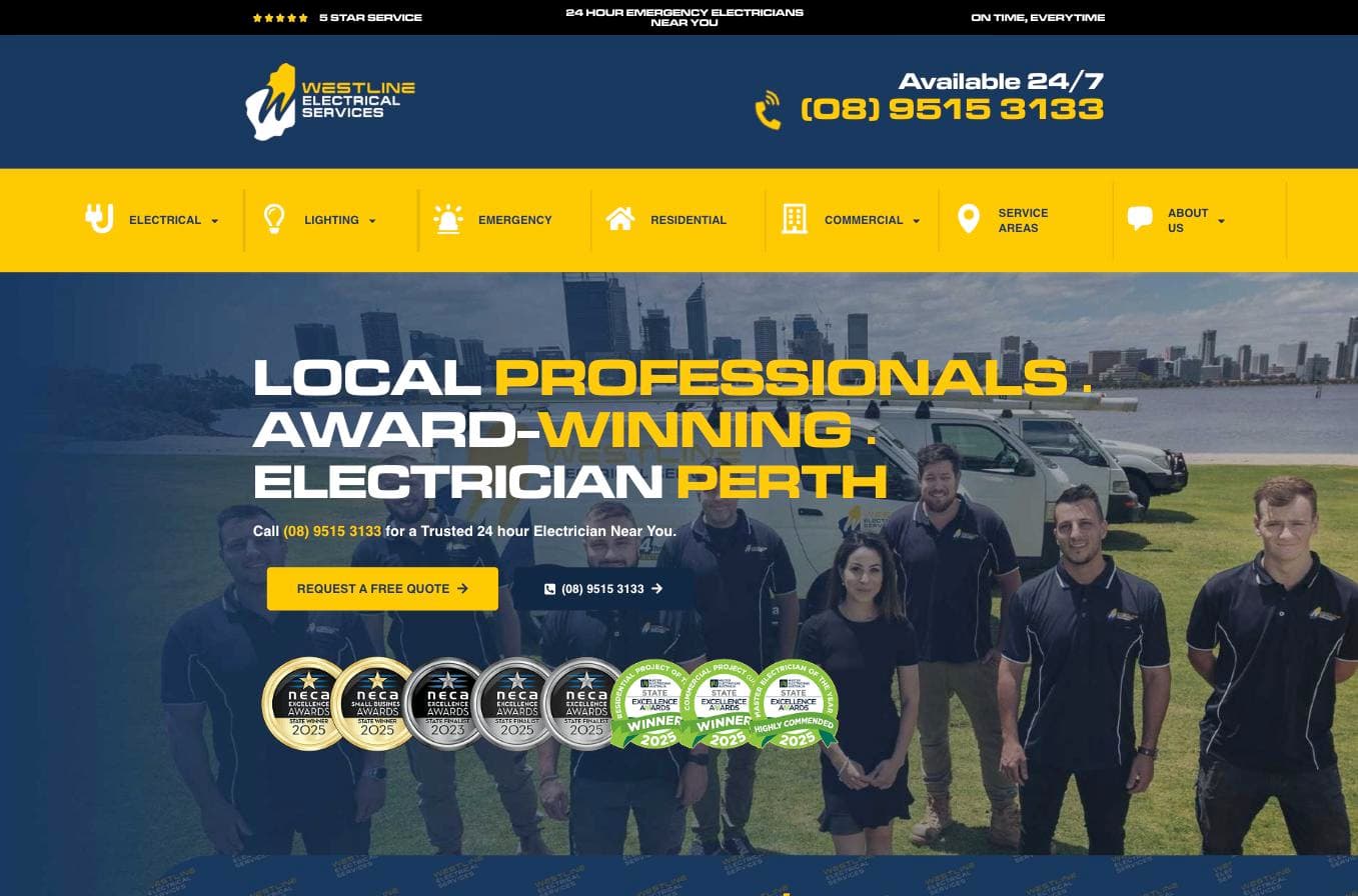 Westline Electrical Services homepage — a real branded team of seven in front of their vans, with eight NECA and Master Electricians Australia award badges displayed in the hero