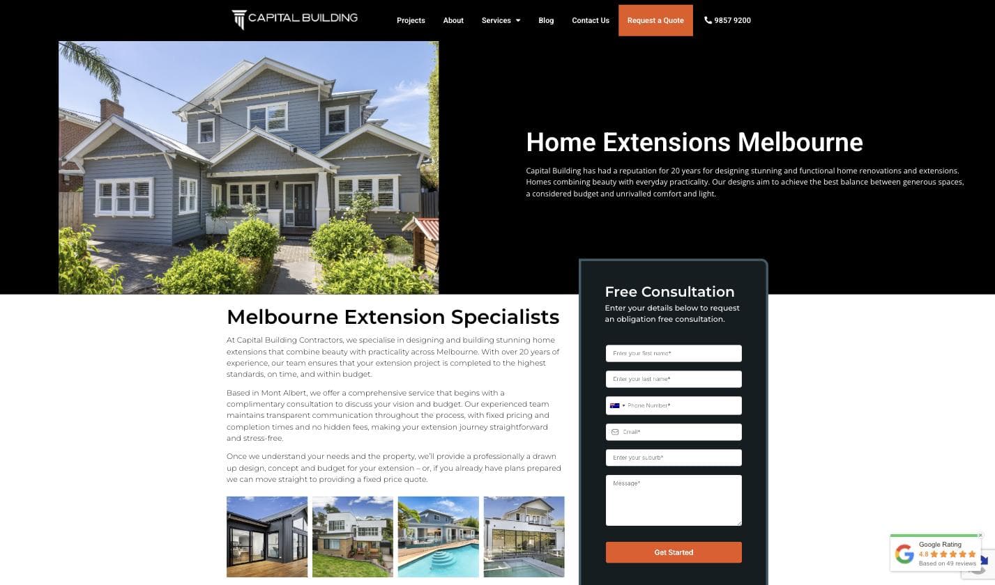Capital Building homepage — a large photo of a renovated Melbourne weatherboard home, with a floating "Google Rating 4.8, Based on 49 reviews" widget fixed in the bottom-right corner