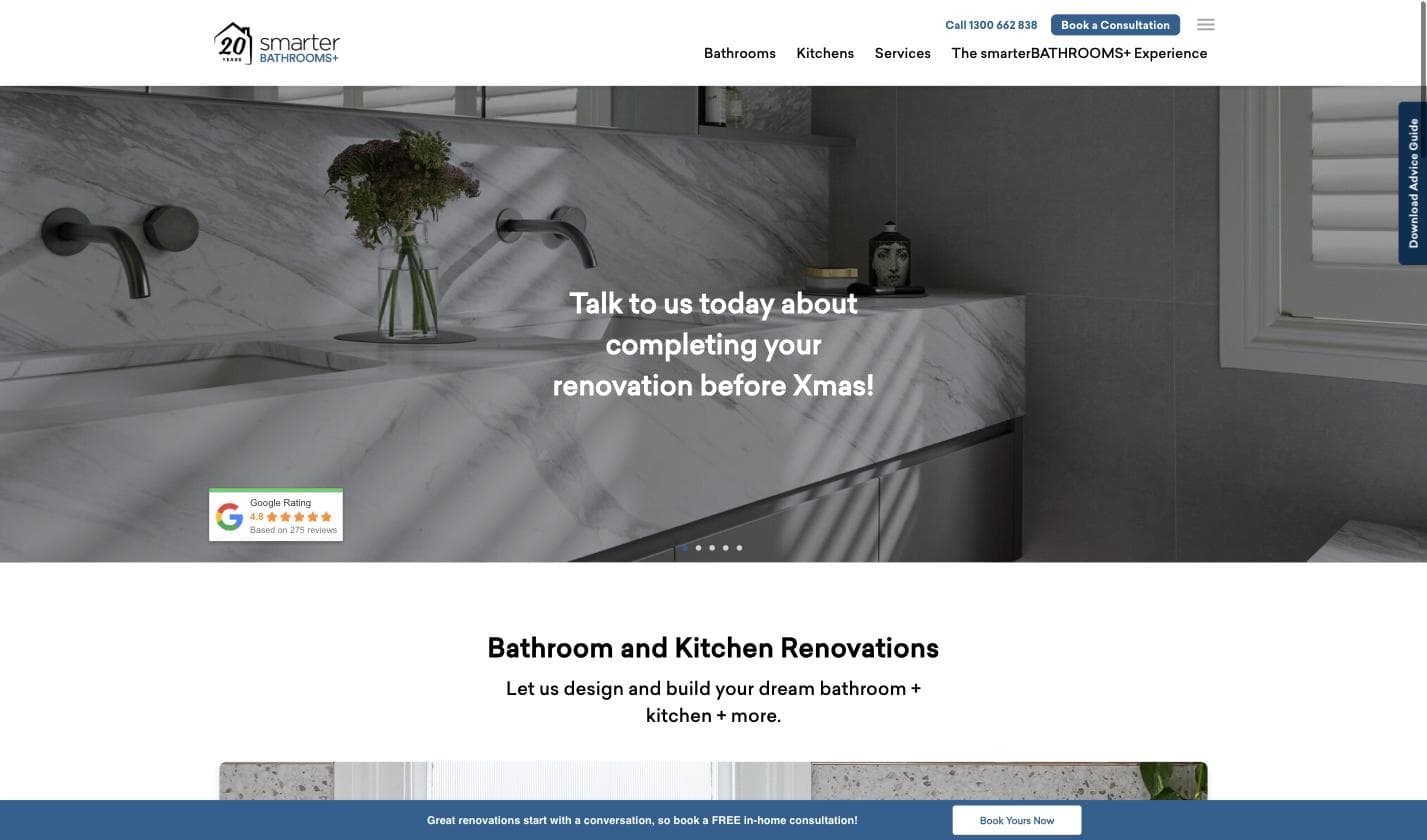 smarterBATHROOMS+ homepage — a styled marble bathroom hero image with a "Google Rating 4.8, Based on 275 reviews" badge in the lower-left corner, zero scroll