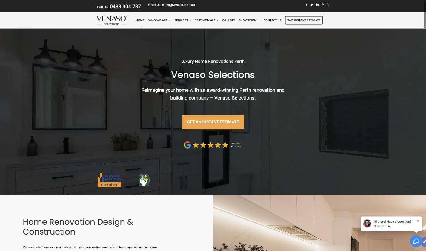 Venaso Selections homepage — a dark, styled bathroom hero image with a "Google 5.0 Stars, 149 Reviews" badge plus HIA and Master Builders member logos, zero scroll