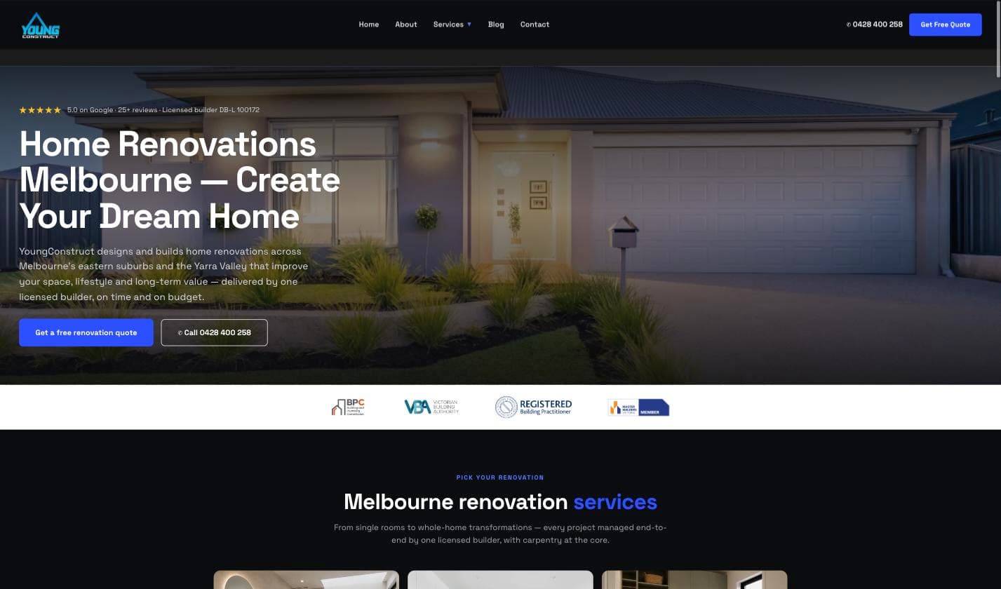 YoungConstruct homepage — a dark hero with a house exterior photo and a "5.0 on Google, 25+ reviews, Licensed builder DB-L 100172" line directly under the top navigation