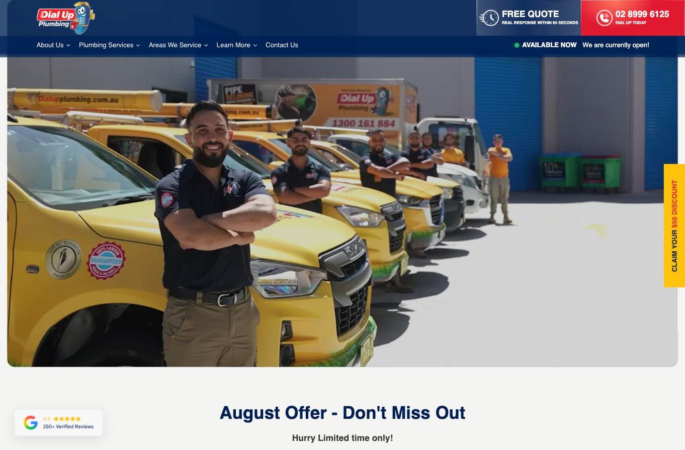 Dial Up Plumbing homepage — seven real branded technicians in front of yellow vans, with a floating "4.9 stars, 250+ Verified Reviews" Google badge
