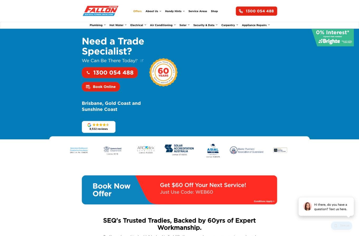 Fallon Solutions homepage — a "60 years" badge and a Google rating widget showing 4.6 stars from 8,532 reviews, plus a row of real accreditation logos
