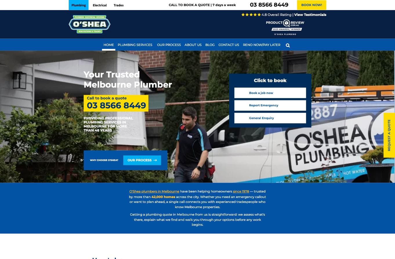 O'Shea Plumbing homepage — a real technician walking past a branded van, with a "4.8 Overall Rating" star badge and a ProductReview.com.au 2023 Awards Winner badge