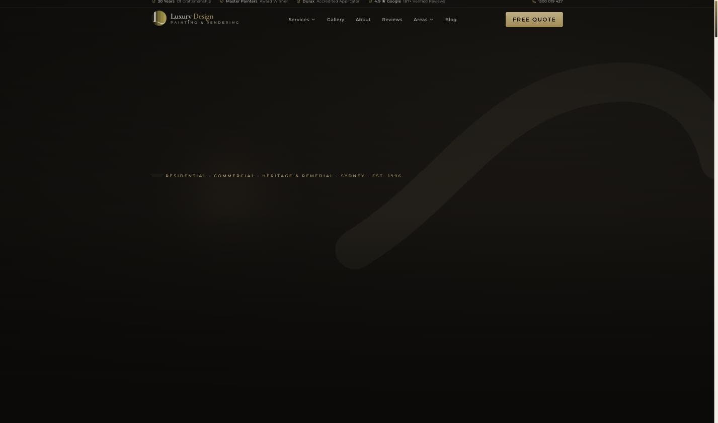 Luxury Design Painting homepage — a dark, gold-accented hero reading "30 Years Of Craftsmanship, Master Painters Award Winner, Dulux Accredited Applicator, 4.9-star Google 187+ Verified Reviews"