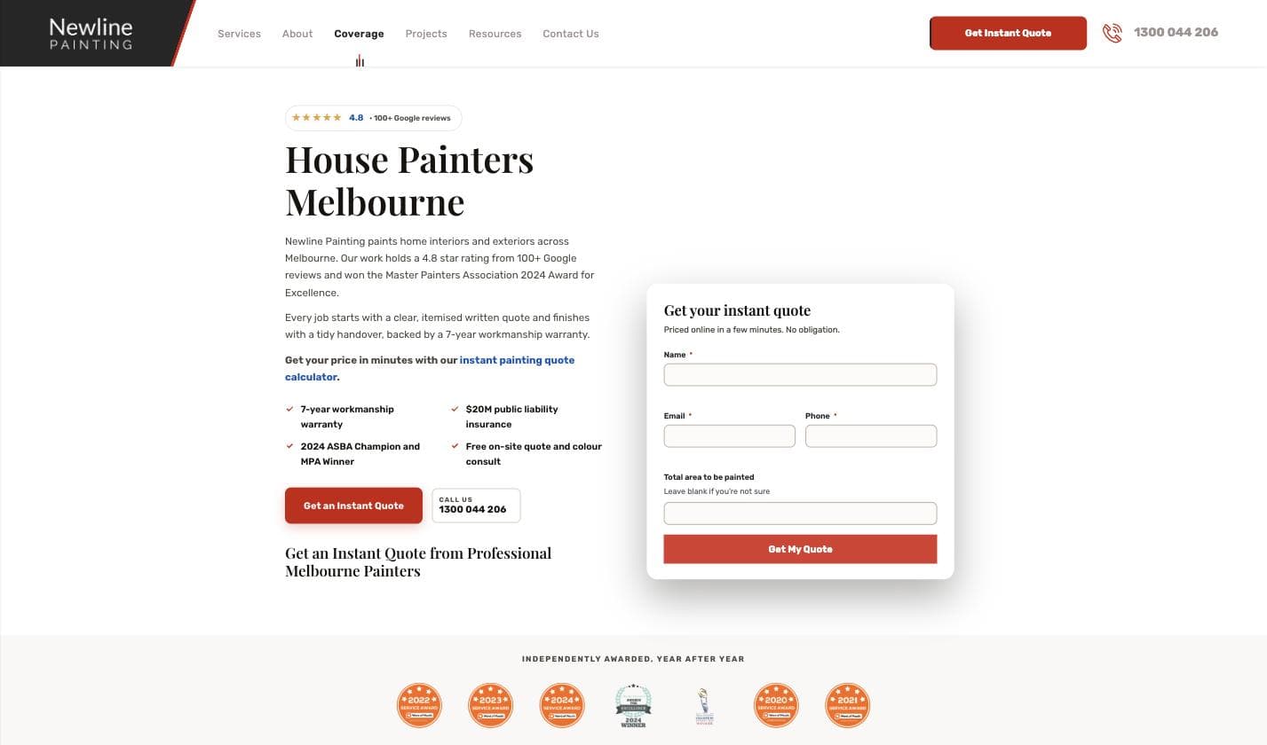 Newline Painting homepage — a "4.8 stars, 100+ Google reviews" badge directly under the headline "House Painters Melbourne," with a row of Word of Mouth and Master Painters Association award badges below