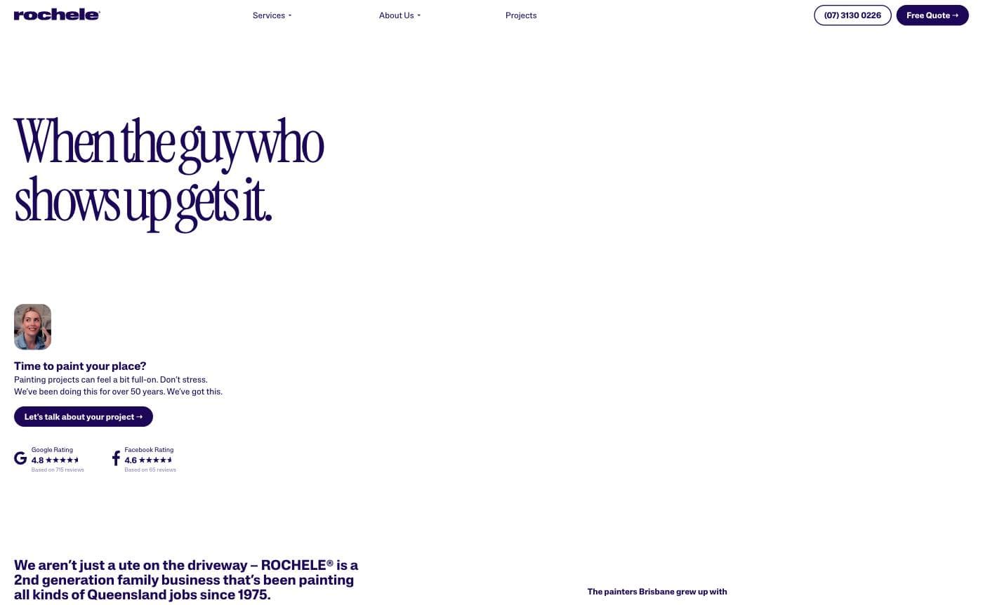 ROCHELE homepage — a bold editorial headline "When the guy who shows up gets it." with a Google 4.8-star (715 reviews) and Facebook 4.6-star (65 reviews) rating pair directly beneath it