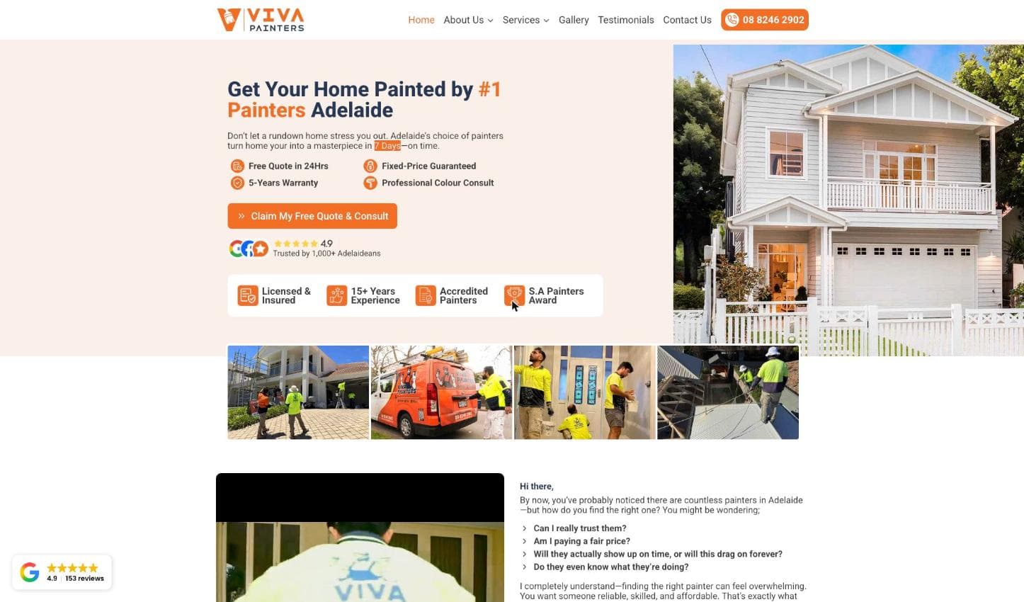 Viva Painters Adelaide homepage — an orange-and-cream hero showing a real Queenslander-style home, a "4.9 ★★★★★ · 153 reviews" badge under the headline, and a row of real job-site photos of the crew in hi-vis with the branded orange van