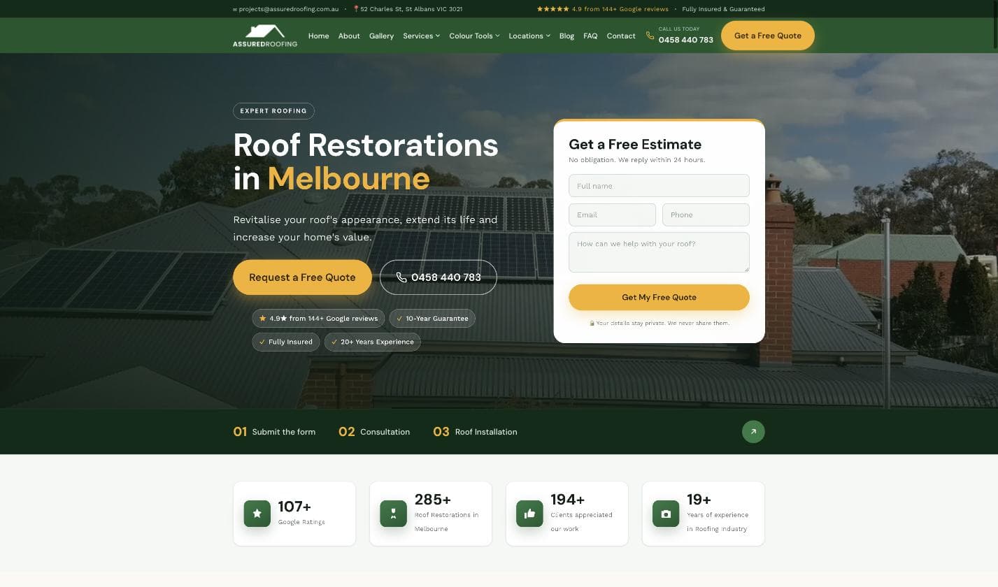 Assured Roofing homepage — a green-and-gold branded header with "★★★★★ 4.9 from 144+ Google reviews" sitting directly in the top bar, above a hero photo of solar panels and a Colorbond roof
