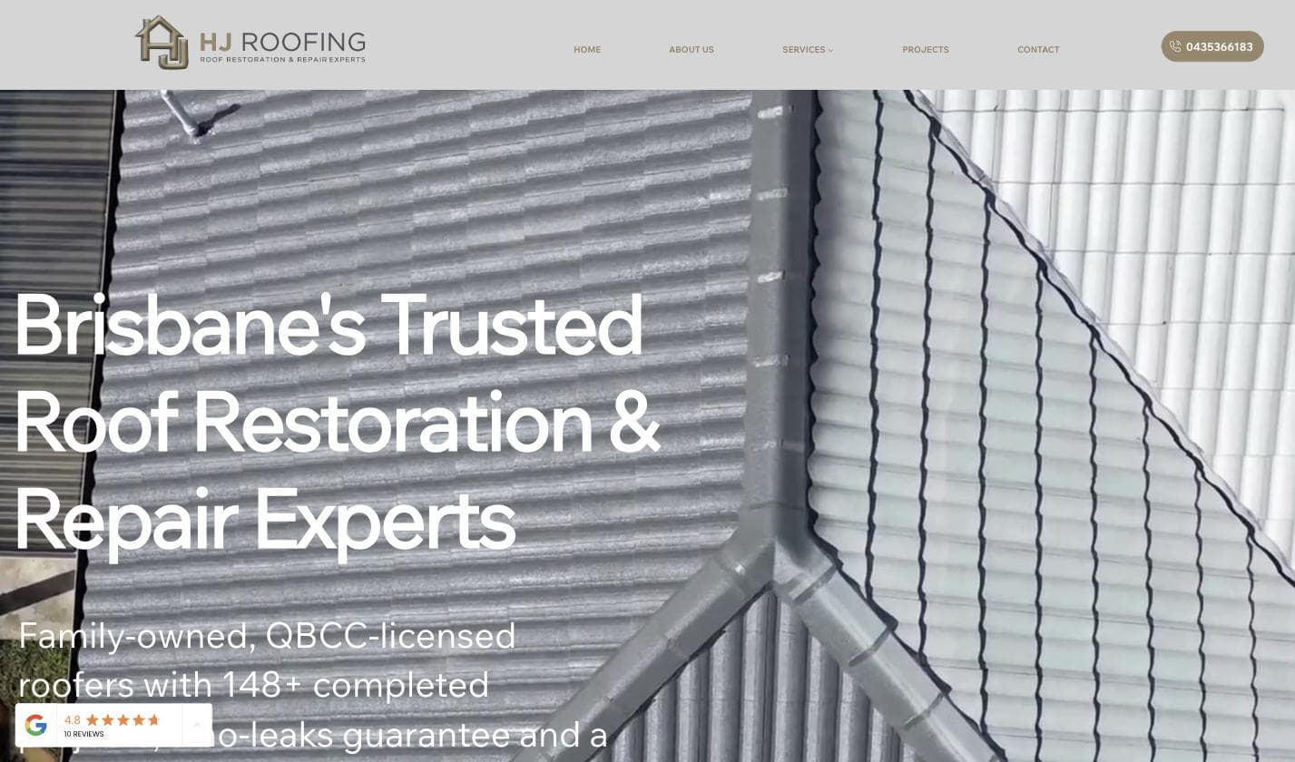 HJ Roofing homepage — a minimal, dark-toned close-up photo of grey metal roof tiles meeting at a ridge, with clean serif typography reading "Brisbane's Trusted Roof Restoration & Repair Experts" and a small "4.8 stars, 10 reviews" Google badge bottom-left