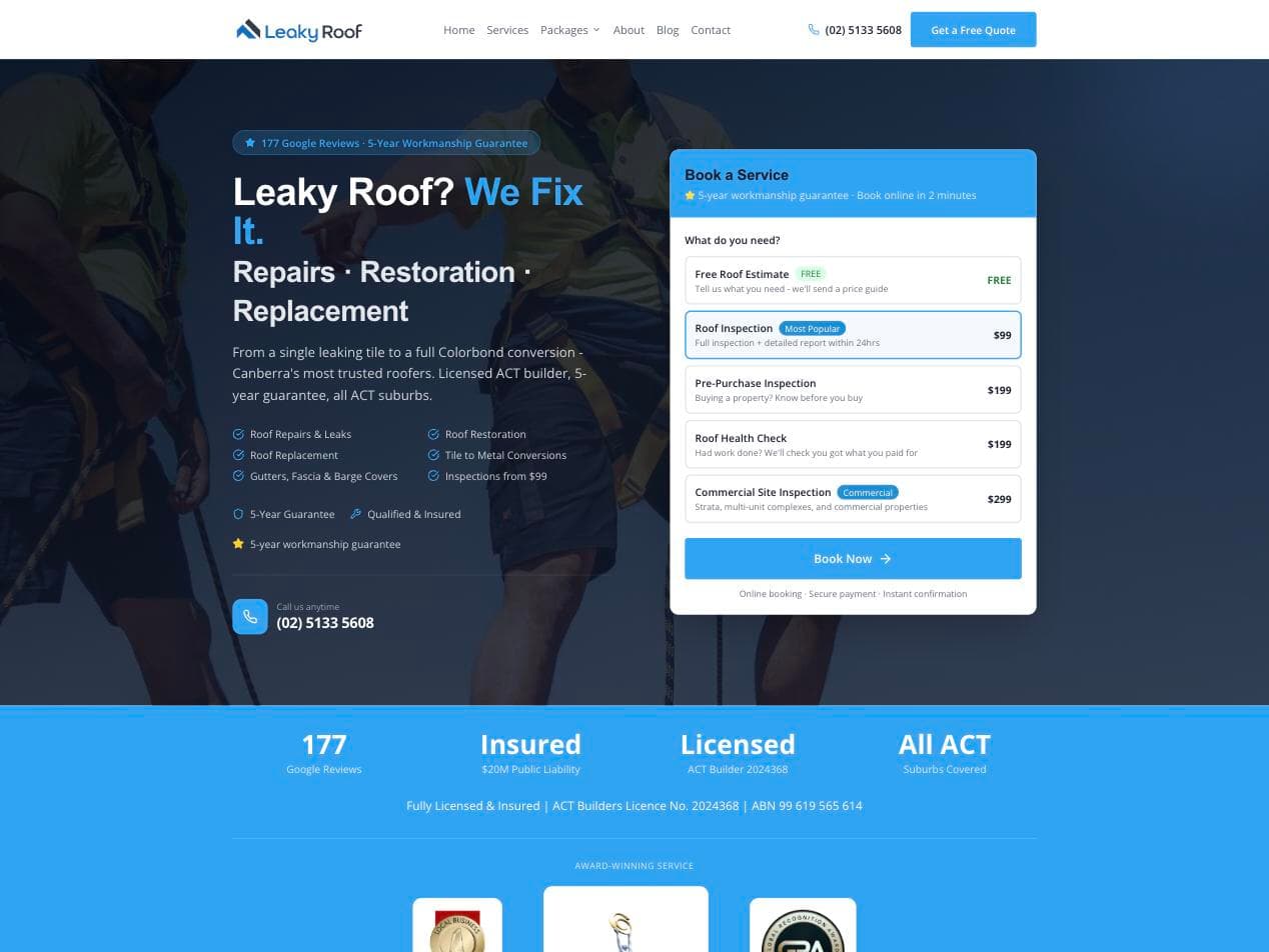 Leaky Roof homepage — a dark navy hero over a roofer photo, with a badge reading "177 Google Reviews · 5-Year Workmanship Guarantee" above the headline "Leaky Roof? We Fix It.", next to a live online booking panel listing services and fixed prices