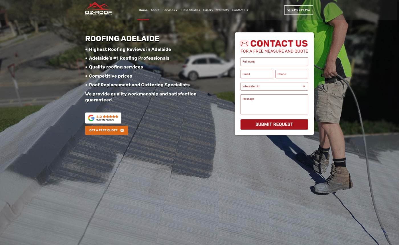 Oz-Roof homepage — a real technician in a hi-vis green shirt spraying a roof coating, with a Google badge reading "5.0 ★★★★★ Over 142 reviews" beside the headline