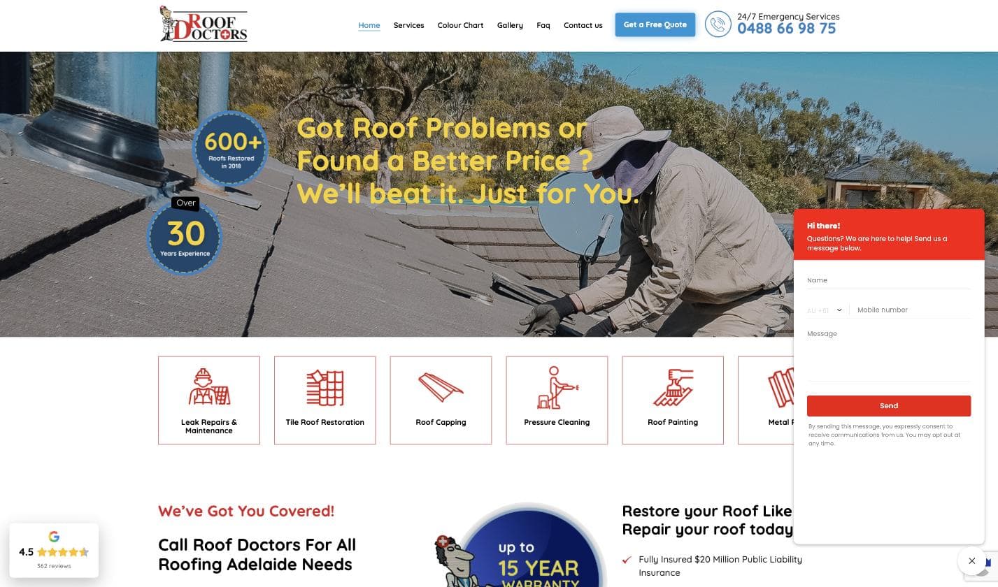 Roof Doctors homepage — a cartoon roof-doctor mascot logo, a real photo of a tradesman on a tiled roof, and a Google badge reading "4.5 stars, 362 reviews" floating bottom-left