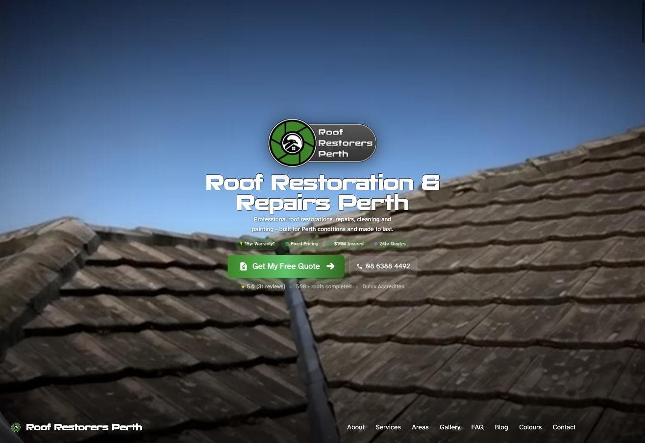 Roof Restorers Perth homepage — a full-bleed close-up photo of grey concrete roof tiles with the logo centred over it and "5.0 (31 reviews)" shown beneath the call-to-action buttons