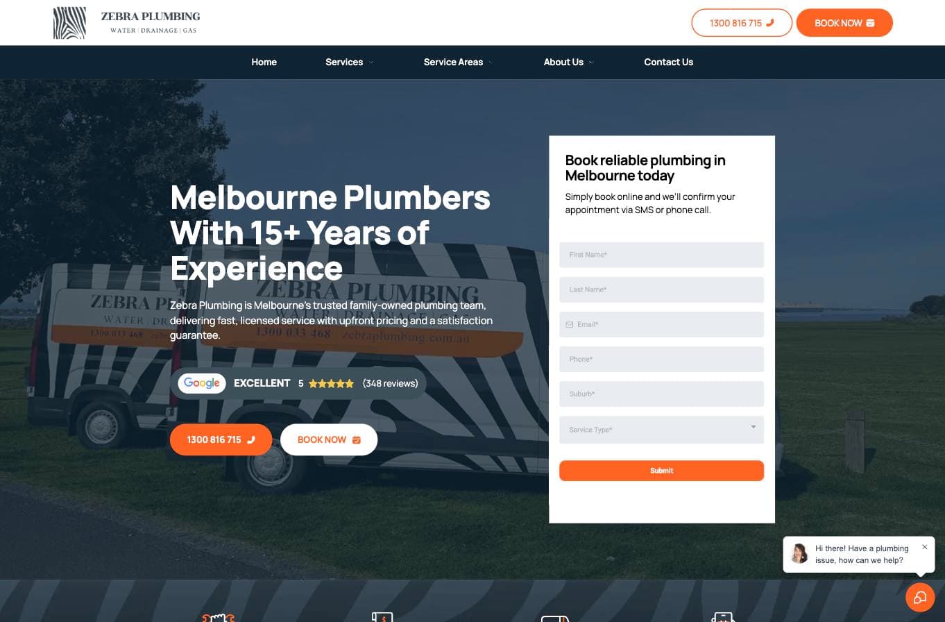Zebra Plumbing homepage — a zebra-striped branded van, with a "Google EXCELLENT 5 stars (348 reviews)" badge directly in the hero